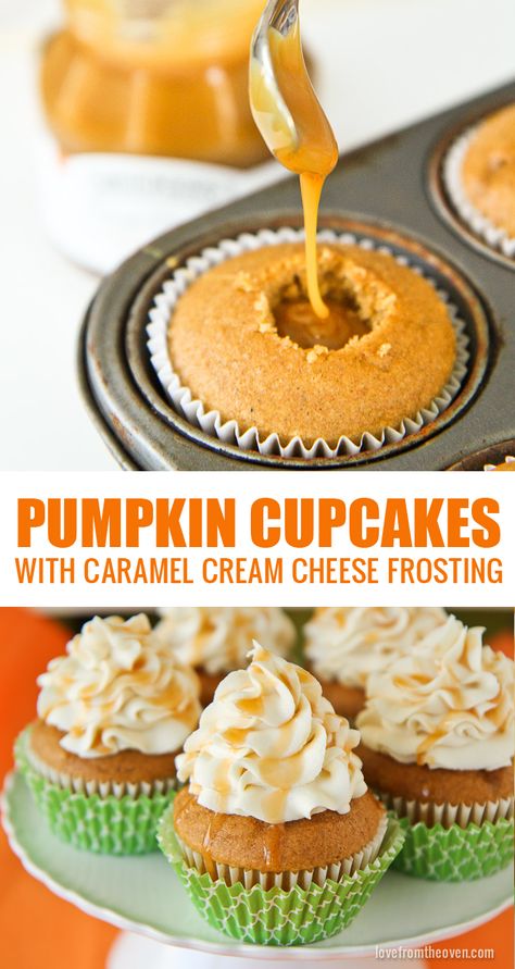 Pumpkin Cupcakes With A Caramel Cream Cheese Frosting.  These cupakes are absolutely amazing and really simple to make. Caramel Cream Cheese Frosting, Pumpkin Cupcake, Caramel Cream, Torte Cupcake, Pumpkin Cupcakes, Fall Dessert, Pumpkin Dessert, Fall Baking, Yummy Sweets