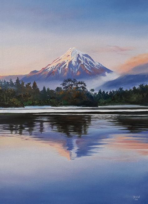 Nz Landscape Painting, Mt Taranaki New Zealand, New Zealand Landscape Painting, Mum Painting, Mt Taranaki, New Zealand Landscape, Nz Art, New Zealand Art, Art Traditional