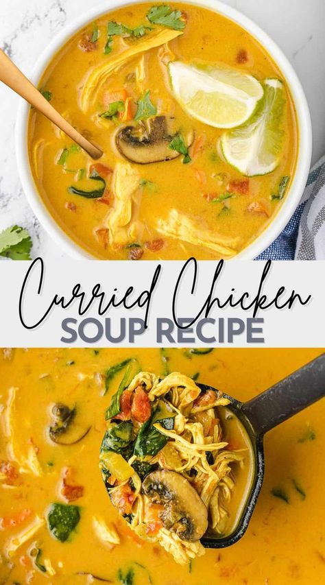 Curried Chicken Soup Recipe Whole 30 Curry Soup, Healing Crockpot Recipes, Lunch Meal Prep Soup, This Chicken Soup, Coconut Chicken Curry Soup Recipe, Chicken Soup High Protein, Chicken Curry Rice Soup, High Protein Chicken Curry, Yellow Curry Chicken Soup