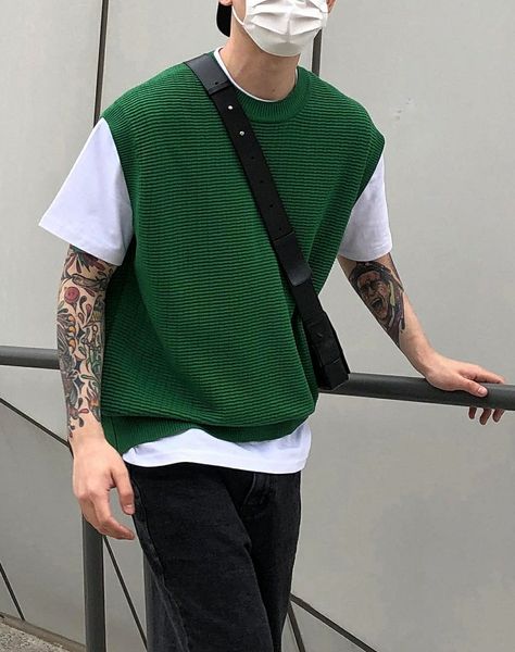 Green Outfit Men Korean, Sleeveless Sweater Outfit Men, Green Vest Outfit Men, Green Vest Outfit, Outfit Vest, Vest Outfits Men, Summer Night Outfit, Minimalist Fashion Men, Trendy Boy Outfits