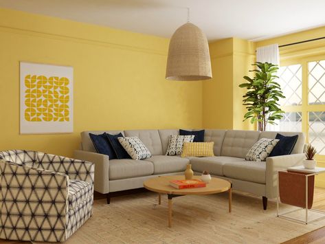 Digital Moodboard, Popular Living Room Colors, Yellow Walls Living Room, Interior Design Yellow, Yellow Accent Walls, Colourful Living Room Decor, Yellow Room, Yellow Living Room, Pillow Arrangement