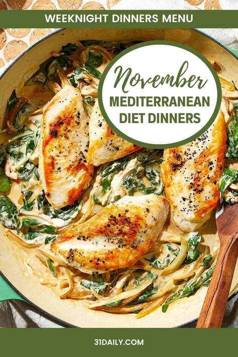 With Thanksgiving next week, we're maximizing good-for-you foods in this week's November Mediterranean Diet Dinners meal plan. Filled with hearty foods and delicious flavors, these meals are mostly ready in 30 minutes and feature November-perfect ingredients. Healthy November Meals, Self Catering Meal Ideas, Mediterranean Diet Ingredients, November Recipes Easy, Weekday Healthy Dinner Ideas, November Menu Plan, Mediterranean Diet Weekly Meal Plan, Weekly Mediterranean Meal Plan, November Recipes Dinner