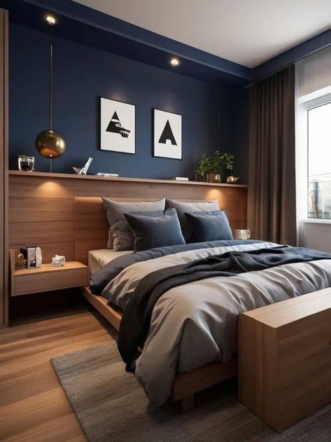 Antracit Bedroom Ideas, Midnight Blue Color Combination, Men’s Bedroom Design, Blue Bedroom Men, Teenager Boy Bedroom Ideas, Guys Bedroom, Small Bedroom Ideas For Men, Young Mans Bedroom, Home Decor Ideas Apartment