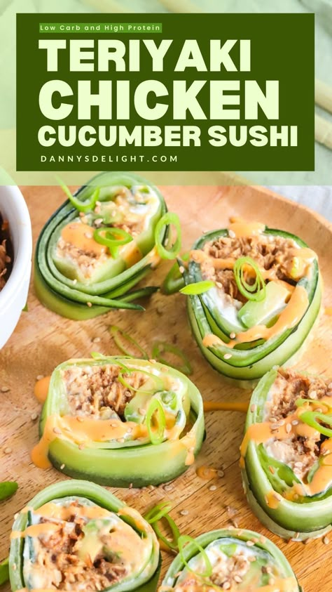 Crunchy cucumbers, creamy avocado, and savory teriyaki chicken – all in one delicious roll! Try my Teriyaki Chicken Cucumber Sushi today. 🥒🍗 #SushiRolls #HealthyEats #RecipeIdeas Cucumber Chicken Roll, Sushi Wraps Lunch Ideas, Tunacado Cucumber Roll, Chicken Salad Cucumber Roll Ups, Cucumber Sushi Recipes, Sushi With Chicken, Sushi Meals, Teriyaki Sushi, Delish Appetizers