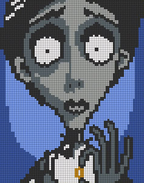 Corpse Bride Crochet Pattern, Corpse Bride Alpha Pattern, Alice In Wonderland Pixel Art Grid, Tim Burton Perler Beads, Corpse Bride Perler Beads, Corpse Bride Pixel Art, Corpse Bride Crochet, Movie Pixel Art, Pixel Art Halloween