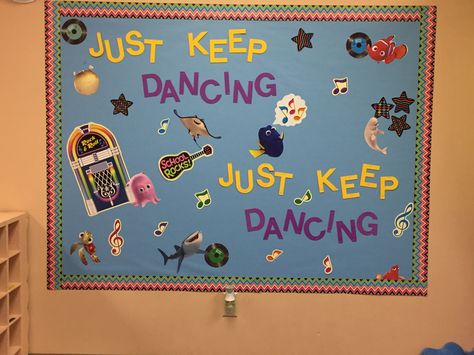 Just Keep Dancing bulletin board #grossmotor #bulletinboard #school #physicaleducation #PE #dance Dance Studio Bulletin Board Ideas, Dance Bulletin Board, Team Bulletin Board, August Bulletin Boards, Classroom Ceiling Decorations, Classroom Ceiling, Class Board, Dance Forms, Teachers Room