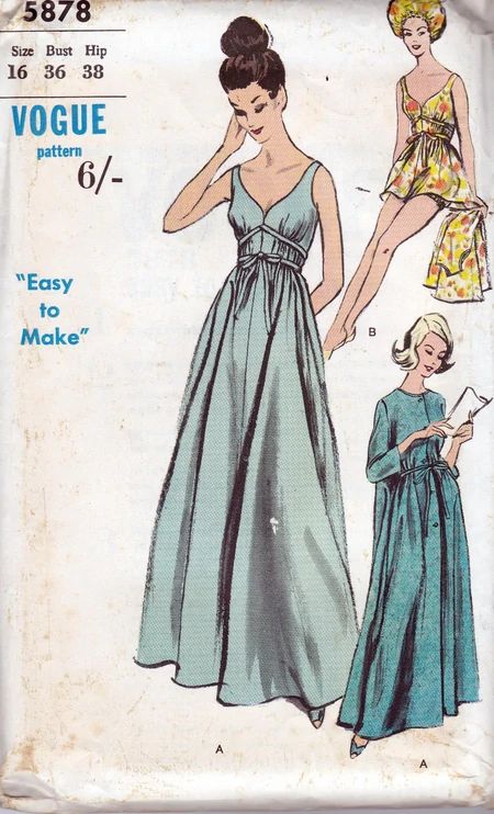 Vogue 5878 A | Vintage Sewing Patterns | Fandom Historical Sleepwear, Empire Top, Vintage Sewing Patterns Free, Vintage Clothes Patterns, Sleeveless Nightgown, Vogue Dress Patterns, Nightgown Pattern, Circular Skirt, Vintage Vogue Patterns