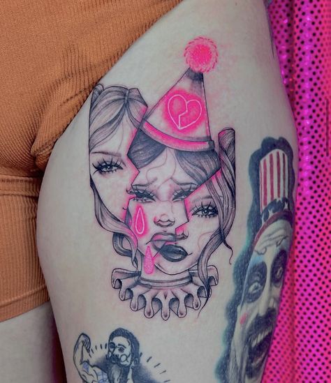 Fool For You Tattoo, Creepy Girly Tattoos, The Fool Tarot Tattoo Design, Neon Pink Tattoo, Back Stamp Tattoo, Girl Clown Tattoo, Neon Tattoo Ideas, Female Clown Tattoo, Pink Tattoo Ideas