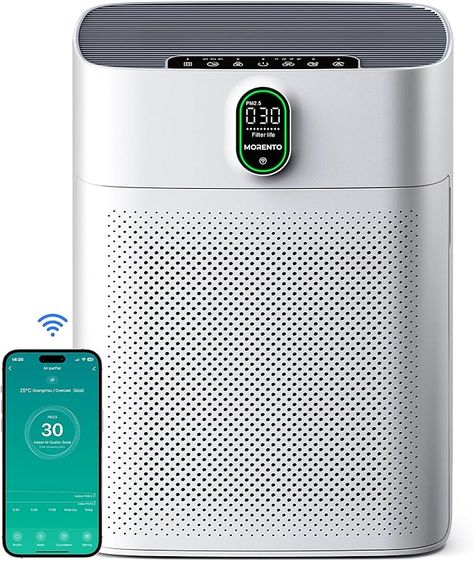 Enjoy Clean Air: MORENTO HY4866-WF smart air purifiers for home can be used at home to effectively capture 99.97% of airborne particles with a size of 0.3 microns, including dust and pollen. This air purifiers for home large room with a CADR of up to 300 m ³/ h, one air change per hour can be completed for rooms up to 1076 ft² or 100 m². This air purifier for home can use with the “Havaworks” app to monitor the air quality from your phone in real-time. Home Cleaning Tools, Home Air Purifier, Hepa Air Purifier, Air Purifying, Amazon Favorites, Air Purifiers, Smart Wifi, Apartment Furniture, Boxing Day