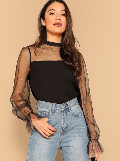 Pearl Beaded Mesh Yoke Blouse -SHEIN(SHEINSIDE) Tule Sleeves, Classy Tops, Minimalist Blouse, Mesh Blouse, Flounce Sleeve, Moda Vintage, Print Tank, Black Pearl, Black Top