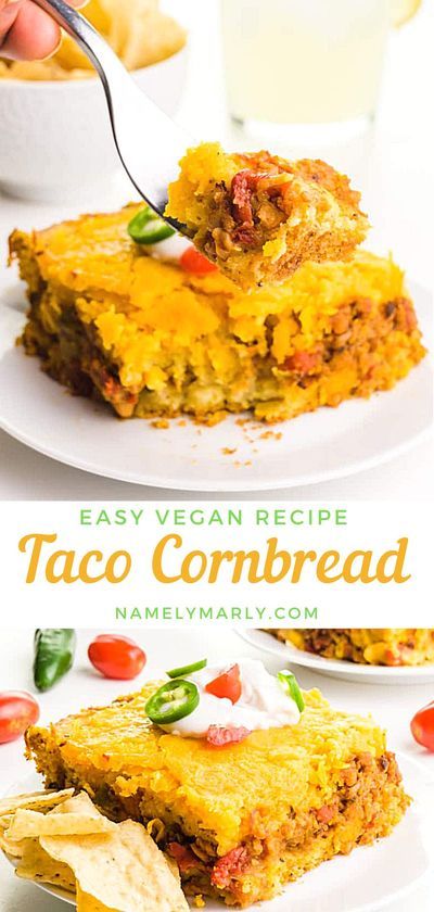 Looking for yummy comfort food? This quick and easy vegan Taco Cornbread Casserole is the way to go! Serve this tasty Mexican casserole with tortilla chips, guac, and salsa on the side! #tacocornbread #veganrecipes #namelymarly #vegancasserole #tacocasserole Vegan Taco Bake, Vegetarian Cornbread Casserole, Vegan Mexican Cornbread, Vegan Mexican Meals, Vegan Mexican Bread, Easy Vegan Comfort Food Recipes, Easy Vegan Mexican Recipes, Vegan Mexican Casserole Recipes, Vegan Cornbread Casserole