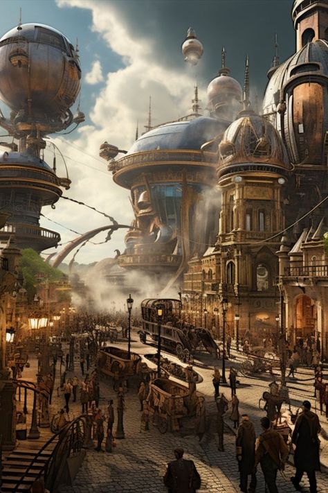 Step into our copper-tinged world, where brass structures rise into the sooty sky and dirigibles ferry folks amidst the cobblestone bustle. Witness a unique, gear-laden lifestyle in this captivating steampunk metropolis! Ville Steampunk, Steampunk Building, Steampunk City, Steampunk Artwork, Steampunk Airship, Steampunk Aesthetic, Art Steampunk, Rpg Map, Fantasy City