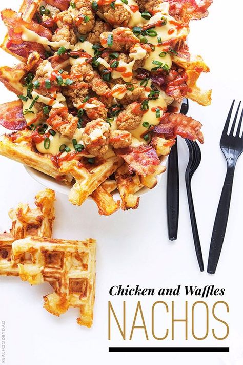 Chicken+and+Waffles+Nachos Resturant Menu, Chicken Nachos Recipe, Waffle Iron Recipes, Fat Food, Savory Waffles, Cheddar Biscuits, Popcorn Chicken, Nachos Recipe, Chicken And Waffles