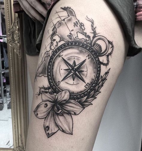 Compass Tattoo For Women, Compass And Rose Tattoo, Sextant Tattoo, Compas Tattoo, Rose Tattoo Leg, Feminine Compass Tattoo, Small Compass Tattoo, Unique Half Sleeve Tattoos, Compass Rose Tattoo