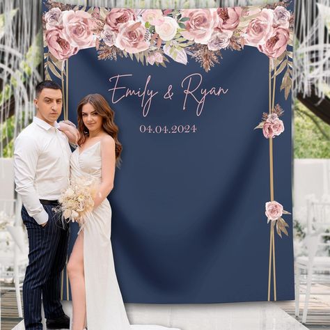 This rose gold floral wedding backdrop will be a beautiful addition to your wedding decoration. If you a looking for dusty rose wedding ideas or navy wedding decorations, this custom backdrop will be perfect for you. Can be personalized with names. 🎀FEATURES -100% Soft Polyester -High-quality durable print -Water and Mildew resistant -Light Weight 🎀SIZE This wedding Backdrop is available in multiple sizes. Small Size:      26" x 36" (2.17x3ft) Medium Size:  51" x 60" (4.3x5ft) Large Size: Navy And Dusty Rose Wedding Decorations, Blue And Pink Wedding Backdrop, Blue And Rose Gold Wedding Theme, Navy Blue And Blush Pink Wedding, Blue And Rose Wedding, Dusty Rose Wedding Decor, Navy Blue And Blush Wedding, Wedding Decor Rose Gold, Navy Wedding Decorations