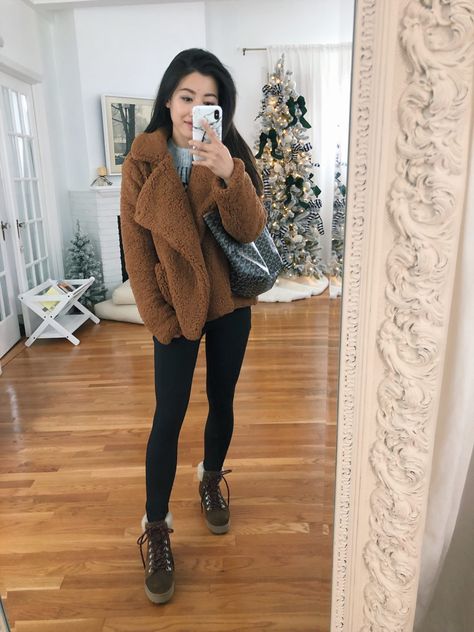 petite fit review // teddy jacket + sam edelman hiker boots Sherpa Lined Boots Outfit, Tan Teddy Jacket Outfit, Boots With Turn Down Sherpa, Leggings And Hiking Boots, Winter Outfits Teddy Coat, Chelsea Boots Teddy Coat, Winter Outfits 2019, Hiking Boots Outfit, Brown Hiking Boots