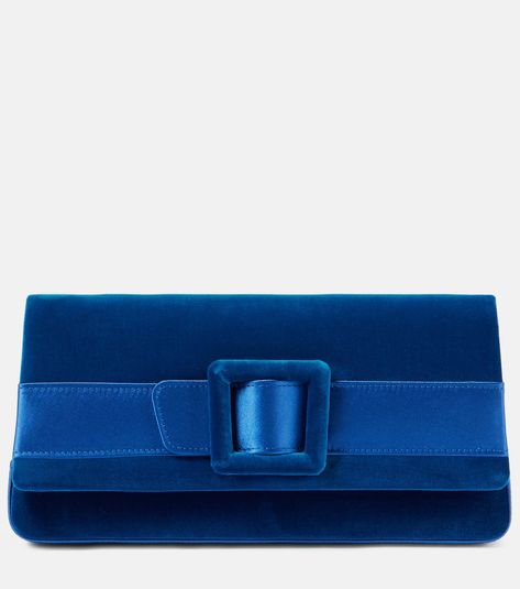 Maygot satin-trimmed velvet clutch in blue - Manolo Blahnik | Mytheresa Manolo Blahnik Clutch, Manolo Blahnik Maysale, Embellished Clutch, Velvet Clutch, Suede Mules, Manolo Blahnik, A Box, Designing Women, Clutch Bag