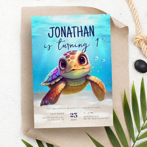 Cute Watercolor Turtle Under the Sea Birthday for $2.92 - Birthday Invitations Watercolor Turtle, Summer Birthday Invitations, 92nd Birthday, Neutral Watercolor, Birth Celebration, Baby Sea Turtle, Under The Sea Birthday, Birthday Welcome Sign, Turtle Birthday