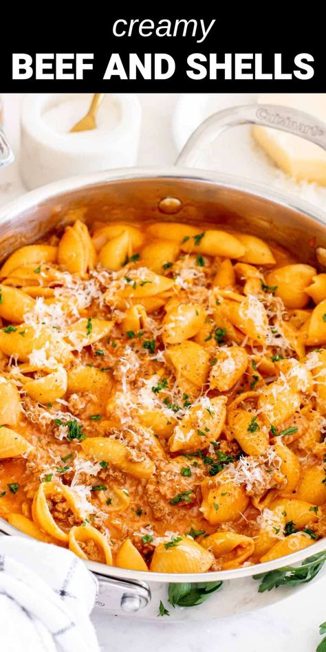 Creamy Noodles, Creamy Beef And Shells, Beef And Shells, Easy Fast Dinner Recipes, Shell Pasta Recipes, Noodle Dinner, Ground Beef Pasta, 30 Minute Meals Easy, Cheese Stuffed Shells