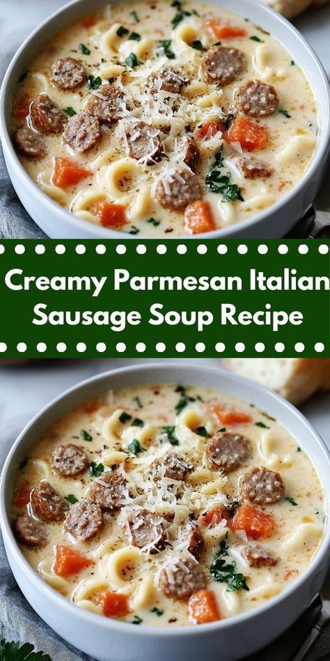 Craving a hearty bowl of comfort? This Creamy Parmesan Italian Sausage Soup is bursting with flavor and creamy goodness. Perfect for family dinners, it’s an easy soup recipe that everyone will love. Ditalini Soup, Spinach Parmesan, Sausage Parmesan, Sausage Soup Recipes, Parmesan Soup, Italian Sausage Soup, Ditalini Pasta, Seasoning Salt, Italian Soup