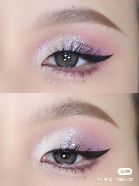 Pick Make Up Looks, Pastel Purple Makeup Looks, Lavender Bridal Makeup, Soft Princess Makeup, Princess Aesthetic Makeup, Pink And Green Eyeshadow Looks, Korean Glitter Eye Makeup, Korean Pink Makeup, Purple Douyin Makeup