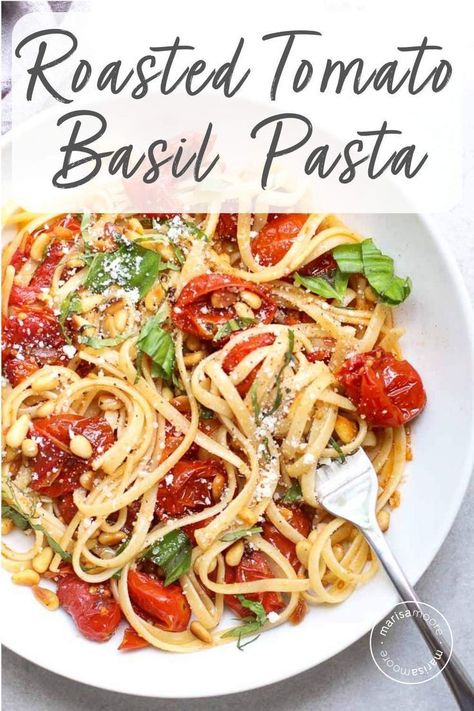 This slow roasted tomato and basil pasta with pine nuts will help you use up late summer tomatoes and basil for a simple and delicious dinner! This easy vegan pasta recipe is also perfect for date night. #pasta #tomatoes #veganrecipes Pine Nuts Pasta, Tomato And Basil Pasta, Easy Vegan Pasta, Fresh Basil Recipes, Slow Roasted Tomatoes, Tomato Basil Pasta, Basil Recipes, Basil Pasta, Vegan Pasta Recipes