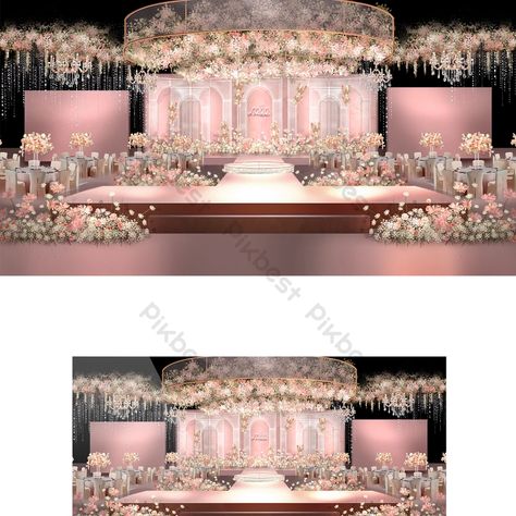 pink wedding effect picture English Wedding Reception, Pink Stage Decorations, Pink Wedding Backdrop, Purple Decorations, Coral Wedding Decorations, Small Stage, Indoor Wedding Decorations, Dream Wedding Reception, Floral Arch Wedding