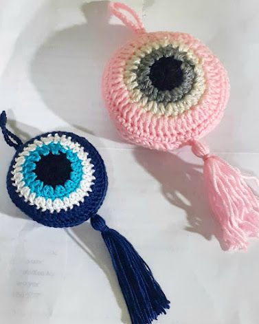 Free Evil Eye Crochet Pattern, Evil Eye Knitting Pattern, Crochet Eye Keychain, Third Eye Crochet, Crochet Evil Eye Free Pattern, Crochet Evil Eye Keychain Free Pattern, Evil Eye Crochet Keychain, Crochet Evil Eye Pattern, Crochet Car Charm Free Pattern