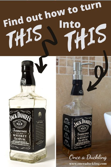 Who says a bottle is just for drinks?!  If you've been following me for a hot minute you know I love repurposed items.  And this bottle project is so easy to do yourself to add a bit of quirk and fun to your bathroom.  Add a soap dispenser to the top of your bottle and boom! .. a great addition to your home, or how cute does this look as a gift!   Check out exactly how to make your own soap dispenser in no time at all, and for not a lot of money. Whiskey Bottle Soap Dispenser Diy, Recycled Whiskey Bottles, Repurpose Jack Daniels Bottle, Whiskey Bottles Repurposed, Diy Soap Bottle, How To Make A Lamp Out Of A Bottle, Repurposed Liquor Bottle Ideas, Repurpose Whiskey Bottles, Repurposed Liquor Bottles