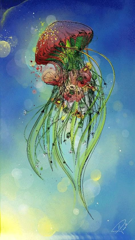 Mushroom Jellyfish, Jellyfish Flower, Floral Jellyfish, Basement Stairway, Watercolour Nature, Jellyfish Pictures, Jellyfish Painting, Jellyfish Drawing, Mushroom Tattoos