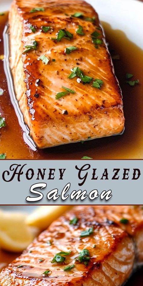 This Honey Glazed Salmon is sweet, savory, and absolutely delicious! 🍯✨ The honey glaze creates a crispy, caramelized coating on perfectly baked salmon fillets, making each bite irresistible. Perfect for a simple yet impressive dinner, this recipe is packed with flavor and nutrients. Try it tonight and enjoy a healthy meal the whole family will love! #HealthySalmon #HoneySalmon #QuickDinner #SalmonRecipes #HealthyEating #SeafoodLovers #EasyDinnerRecipes Honey Ginger Salmon, Honey Salmon Recipes, Salmon For Dinner, Honey Baked Salmon, Simple Baked Salmon, Honey Soy Salmon, Honey Glazed Salmon Recipe, Salmon Fillet Recipes, Salmon Bites Recipe