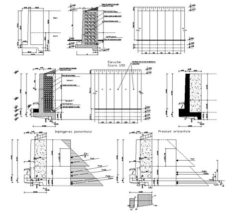 Retaining wall structural elevation and plan layout 2d view dwg file Wall Elevation, Column Detail, Beam Structure, Plan Layout, Elevation Drawing, Roman Columns, Drawing Block, Autocad Drawing, Cad Drawing