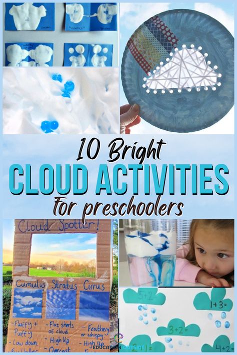 Cloud Learning Activities, Cloudy Activities For Preschool, Weather Hands On Activities, Cloud Kindergarten Activities, Cloud Activities For Kindergarten, Cloud Stem Activities, Cloud Crafts Preschool, Cloud Activities For Toddlers, Cloud Preschool Activities