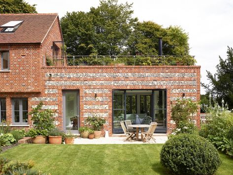 Wiltshire  House - Residential - Barbara Weiss Architects English Exterior House, Barbara Weiss, Flint Wall, Brick Farmhouse, Cottage Extension, Flat Roof Extension, Brick Cottage, English Houses, Willow House