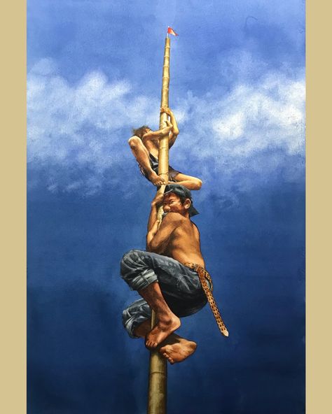 Palosebo #001 14¾x21⅝xin. - 37.5x54.9cm Watercolour on 140lb/300gsm paper 15 May 2023 #aquarelle #watercolor *Palo-sebo is a traditional Filipino game. A local variant of the greasy pole, it is likely derived from the Spanish cucaña. This game is usually played by boys during a town fiesta or on special occasions in the various Provinces of the Philippines. Long and straight bamboo poles are polished and greased, after which a small bag containing the prize is tied to the top. Larong Pinoy Poster, Filipino Games, Philippine Traditions, Fiesta Games, Notebook Labels, Memories Art, Childhood Memories Art, Philippines Culture, Bamboo Poles