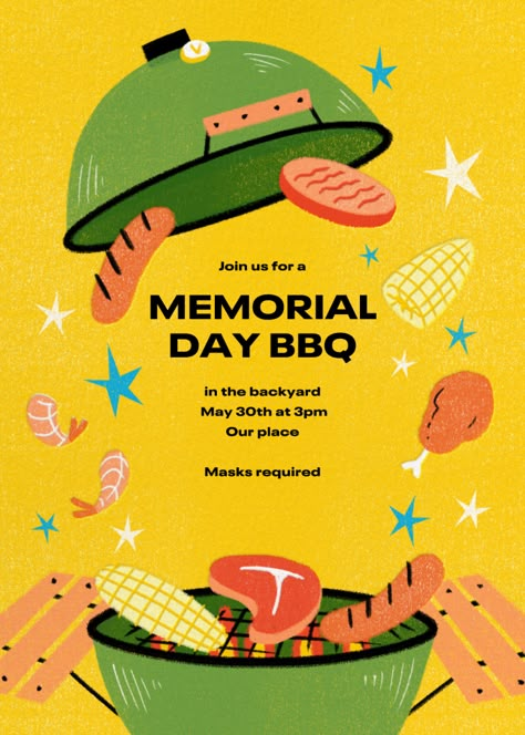 Fire up the grill! With RSVP tracking and guest messaging, our festive online Memorial Day invitations make hosting a party (and securing the correct amount of hot dogs) a breeze. School Party Invitation, Food Festival Poster, Crepes Party, Bbq Invitation, Back To School Party, Event Poster Design, Flyer Ideas, Party People, American Spirit