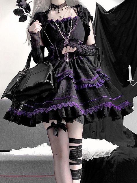 Step into the world of Gothic Lolita fashion with the Seine dress by Lolitimes. This stunning dress comes with a matching bolero set and free worldwide shipping. Shop now and add a touch of dark elegance to your wardrobe. #gothiclolita #gothicstyle #gothfashion #gothloli #altfashion #darkfashion #alternativestyle #harajukufashion Cute Goth Fashion, Dark Gothic Fashion, Wedding Flowers Summer, Jumper Skirt, Uniform Fashion, Black And Purple, Black Swan, Really Cute Outfits, Romantic Style