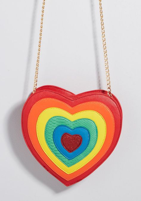 Loving You Heart Bag - It’s easy with this heart-shaped purse representing your beautiful soul! A faux-leather accessory with a chain-accented shoulder strap and a rainbow-layered front rocking a radiantly glittery center, this zipped bag invites adoration. Women Hand Bags, Handbag Design, Novelty Purses, Girly Bags, Loving You, Novelty Bags, Heart Bag, Cute Purses, Zipped Bag