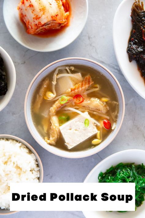 Dried Pollock Soup Recipe: Learn How to Make This Refreshing Korean Soup, a Popular Hangover Remedy! Pollack Fish Recipes, My Korean Kitchen, Hangover Remedy, Korean Meals, Korean Soup, Korean Kitchen, Korean Side Dishes, Soup Dish, Food Street