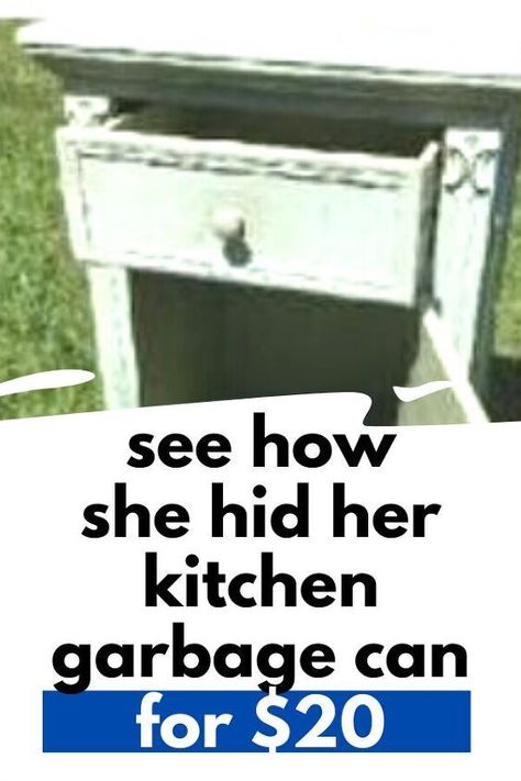 Check out this budget friendly idea to hide an ugly garabge can in your kitchen. This upcycled cabinets gets repurposed as a trash can storage unit for kitchen or home office or any room that you want to decorate on a budget. How To Hide Garbage Cans In Kitchen, Shabby Chic Cabinets Kitchen, Decorate Trash Can Ideas, Diy Garbage Can Storage Kitchen, Hide Trash Cans Kitchen, Kitchen Garbage Ideas, Trash Can Storage Kitchen, Kitchen Garbage Can Storage, Budget Friendly Kitchen