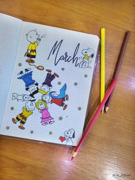 #snoopy #snoopy&friends #journalcover #bulletjournaling #bujo #march #2022 Snoopy Bullet Journal, Snoopy Friends, 2024 Bujo, Bujo Cover, March Bullet Journal, Journal Lettering, Journal 2024, Lettering Ideas, Bullet Journal Lettering Ideas