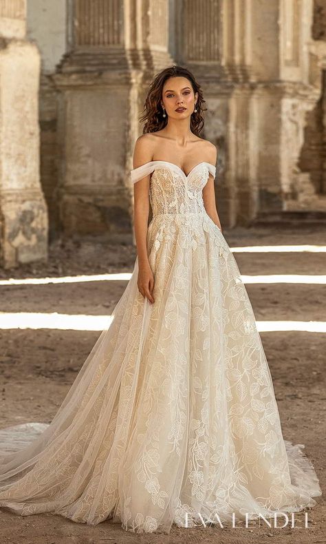 Eva Lendel 2021 “Golden Hour” Wedding Dresses | Wedding Inspirasi -- eva lendel 2021 golden hour bridal off shoulder swag strap sweetheart neckline fully embellished a line ball gown wedding dress chapel train (ivet) mv #Ad #Bridal #EvaLendel #Wedding #Weddingdress #WeddingDresses #WeddingGown #WeddingGowns ~ Amalia Carrara Wedding Dresses, Eve Of Milady Wedding Dresses, Bridal Reflections, Eve Of Milady, Strictly Weddings, Couture Mode, Dress Shopping, A Wedding Dress, Wedding Dress Couture