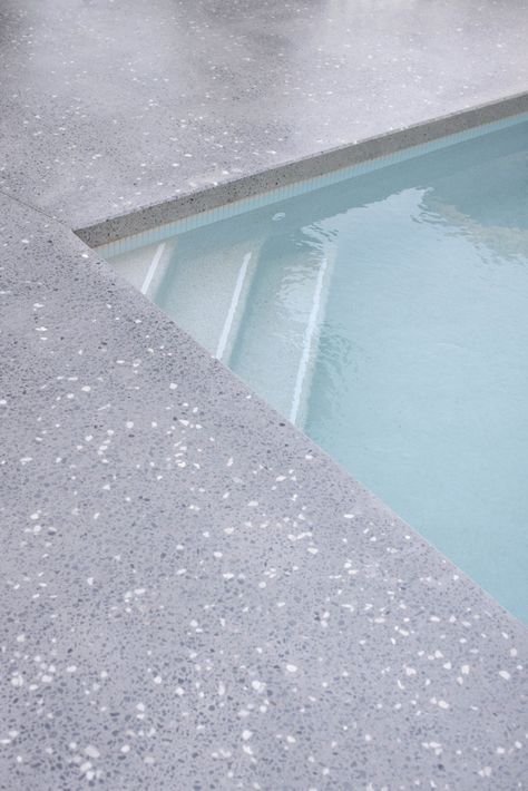 Honed Concrete, Pool Decking, Green Village, Mediterranean Exterior, Outdoor Pool Area, Pool Finishes, Pool Renovation, Pool Remodel, Pool Colors