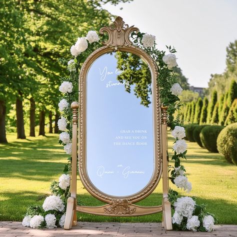 The Latest Wedding Trend: Selfie Mirrors — IYHTVDesigns Welcome To The Wedding Sign Mirror, Antique Mirror Wedding Sign, Mexico Garden Wedding, Wedding Entrance Mirror Sign, Wedding Reception Mirror Sign, Wedding Mirror Ideas, Wedding Mirror Selfie, Mirror Welcome Sign Wedding, Wedding Selfie Mirror