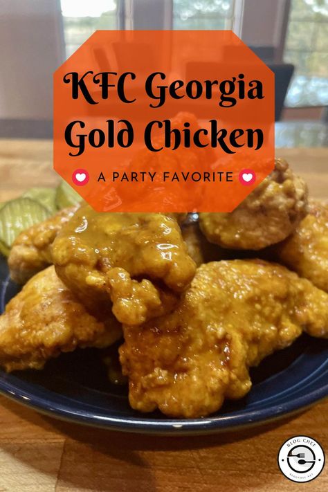 This is a copycat recipe from KFC's limited edition Georgia Gold Chicken -- fried boneless chicken tenders tossed in a tangy honey mustard sauce. Georgia Gold Chicken Recipe Kfc, Kfc Georgia Gold Sauce Recipe, Kfc Honey Mustard Sauce, Georgia Gold Sauce Recipe, Honey Gold Sauce, Georgia Recipes, Gold Sauce, Gold Chicken, Georgia Food