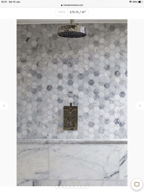 Hexagon Mosaic Tile Bathroom, Hexagonal Tiles Bathroom, Calacatta Tile, Hexagon Marble Tile, Grey Mosaic Tiles, Mosaic Bathroom Tile, Hexagon Tile Floor, Honed Marble Tiles, Grey Bathroom Tiles