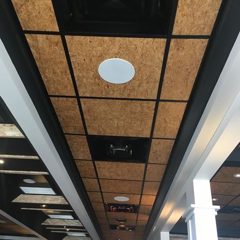 OSB ceiling tiles and painted ceiling grid. #GreatLook Ceiling Design For Bathroom, Osb Ceiling, Grid Ceiling Design, Osb Interior, Painted Osb, Osb Furniture, Retail Store Layout, Grid Ceiling, Osb Plywood