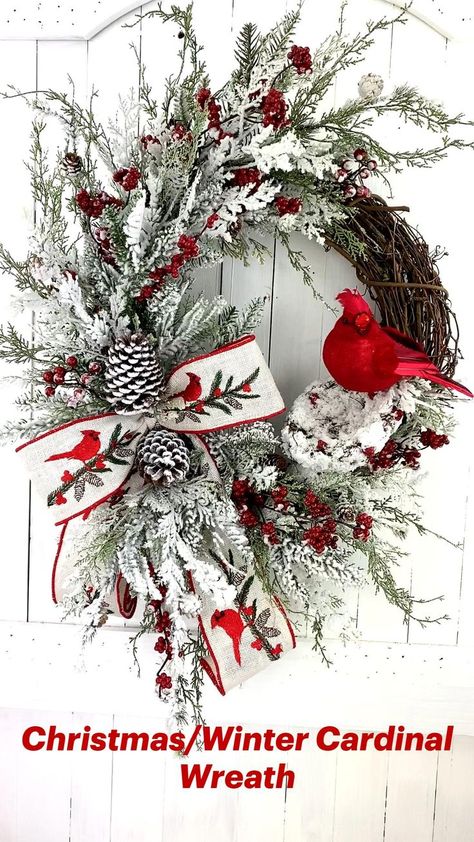 Christmas/Winter Cardinal Wreath | Christmas wreaths diy, Christmas wreaths, Christmas decorations Cardinal Wreaths Ideas, Cardinal Decorations, Cardinal Wreaths, Fete Saint Patrick, Fruit Kebabs, Winter Cardinal, Winter Arrangements, Cardinal Christmas, Holiday Wreaths Diy