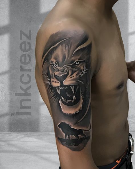 tattoo studio in Lucknow Lion Shoulder Tattoo Men, Lion Shoulder Tattoo, Om Earrings, Chest Tattoo Ideas, Black Art Tattoo, Lip Art Makeup, Fineline Tattoo, Band Tattoo Designs, Tiger Tattoo Design