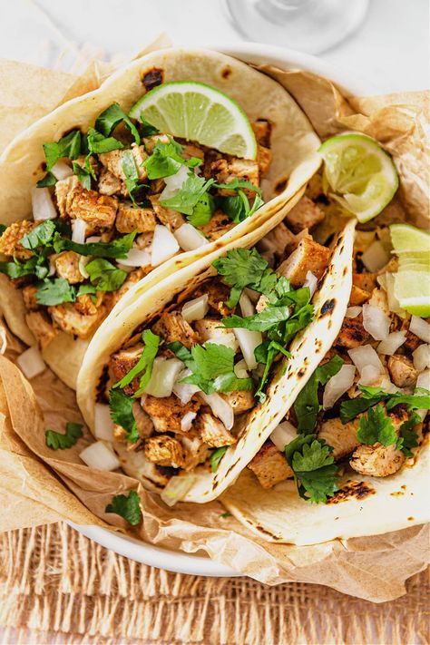 Spicy Chicken Street Tacos, Mexican Style Chicken Tacos, Chicken Tacos Mexican, Authentic Mexican Street Tacos Chicken, Street Taco Recipes Chicken, Chopped Chicken Tacos, Healthy Chicken Tacos Recipe, Mexican Soft Tacos, Ground Chicken Street Tacos